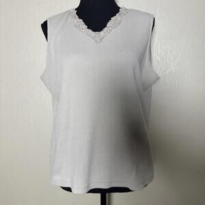 Y2K XL Ribbed Knit Lace Trim Sleeveless Top Relaxed Fit Beige